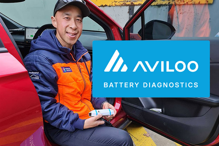 Electric car battery being tested with an Aviloo device to determine it's remaining life and health